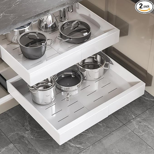 Seinloes 2 Pack Pull Out Cabinet Organizer 19" Deep,Full Extension 3 Slide Rails Slide Out Drawers With Raising Pad for Framed Cabinets,Expandable Width (12.3"-20.5"),No Drill Roll Out shelf,White by Seinloes