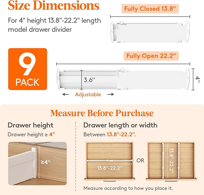 Lifewit 9 Pack 4" High Drawer Dividers, Adjustable Drawer Organizer Clothes | 13.8"-22.2" Expandable White Plastic Separators for Dresser, Kitchen, Cabinet, Nursery, Office, Socks & Underwear Storage - Image 2