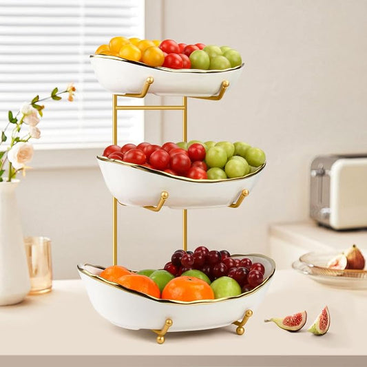 Fruit Basket for Kitchen Counter, 3 Tier Fruit Basket, Ceramic Fruit Bowl, Fruit Bowl for Kitchen Counter, Porcelain Fruit Stand Storage Holder, Large Capacity Fruit Holder for Dessert, Snack(White) by Unknown