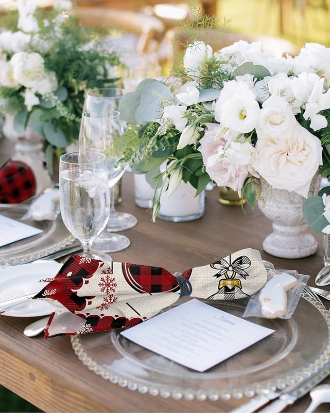 Christmas Cloth Napkins Set of 8, Plaid Xmas Balls Snowflake Red Lace Burlap Dinner Napkins Cloth Washable, Cocktail Napkins Reusable for Wedding, Party, Birthday (20"x20") - Image 2