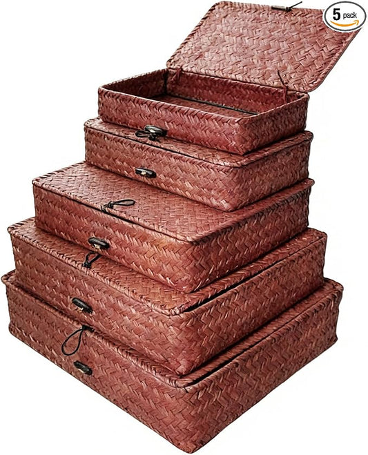 5 Pcs Seagrass Basket with Lid 5 Sizes Decorative Storage Boxes Rattan Wicker Storage Basket with Lids Woven Organizer Baskets Multipurpose Flat Storage Bins for Shelf Closet Bedroom (Dark Brown) by SENONAPO