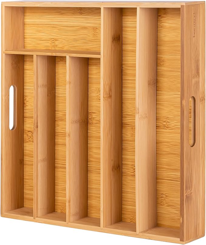 6 Compartments Bamboo Cutlery Holder Tray Kitchen Utensil Silverware Drawer Organizer Dividers with 2 Handles, Brown, Large, DS-5949 - Image 3