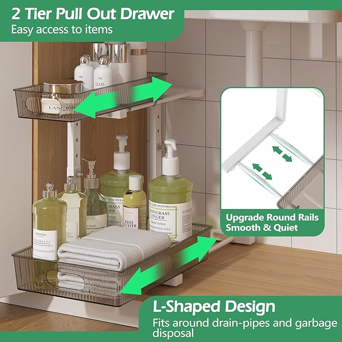 ADRIMER Under Sink Organizer 2 Packs, Pull Out Kitchen Sink Organizer, 2 Tier Slide Out Kitchen Organizers and Storage Bathroom Under Cabinet Storage Shelf, Grey & White - Image 2
