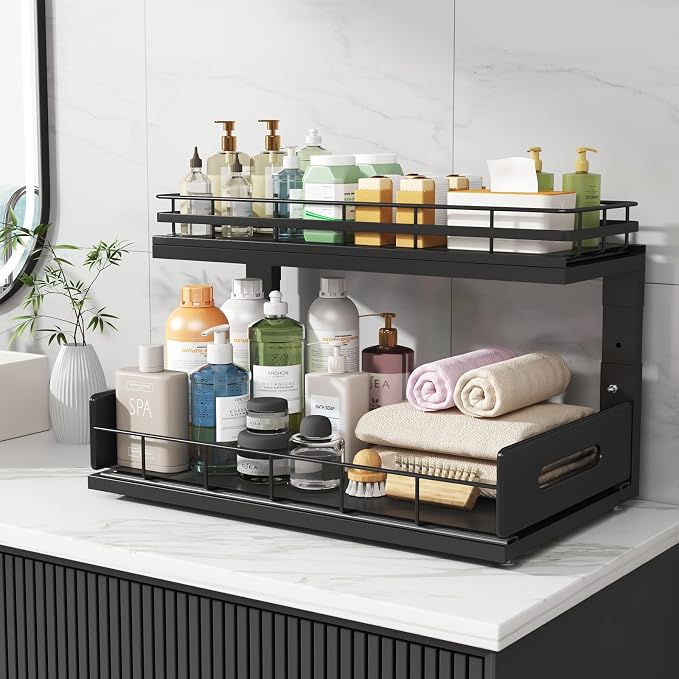 Under Sink Organizer Upgrade To Professional Rails,2-Tier Dual Pull Out Cabinet Storage,Height Adjustable Slide Out Drawers For Bathroom Kitchen,2 Pack-18.5"Dx12.8"-16.9"H,Black - Image 8