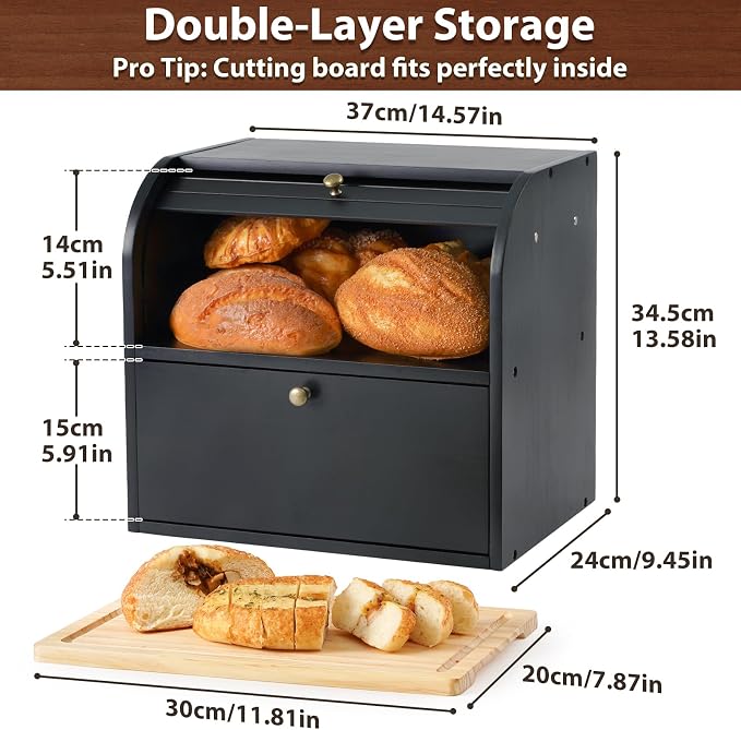 Sunhoo Wooden Bread Box for Kitchen Countertop, Roll Top Breadbox, Black | Large Double Layer Pantry Container, Solid Wood with Cutting Board, Fresh Homemade Sourdough Bin Cabinet, Vintage Farmhouse - Image 5