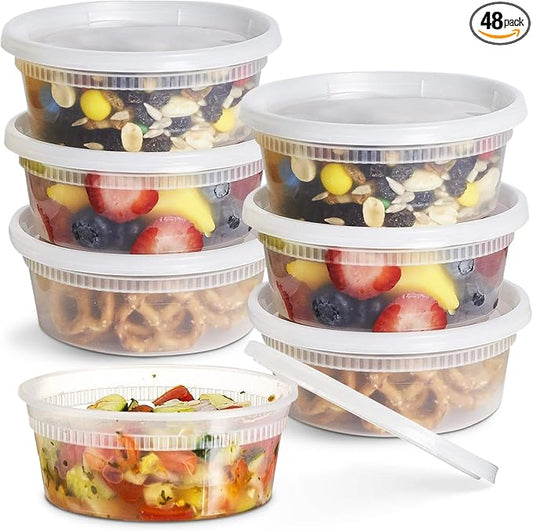 OCS Parts 48-Pack Round 8 Ounce Plastic Deli Containers with Lids | Stackable, Microwavable, Freezer and Dishwasher Safe BPA Free Food Prep and Storage Containers by OCSParts