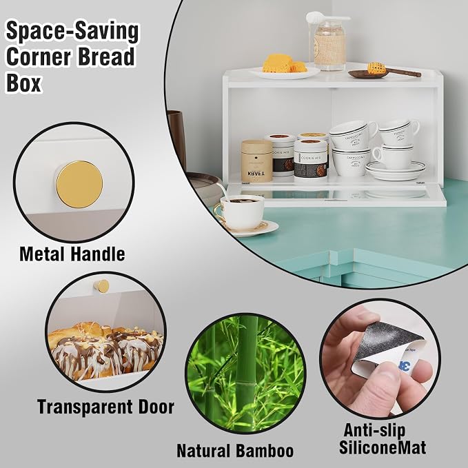 Trironsun Corner Bamboo Bread Box for Kitchen Counter Large Rustic Bread Storage Container with Acrylic Door Space-Saving Vintage Bread Keeper for Homemade Bread (White) - Image 7