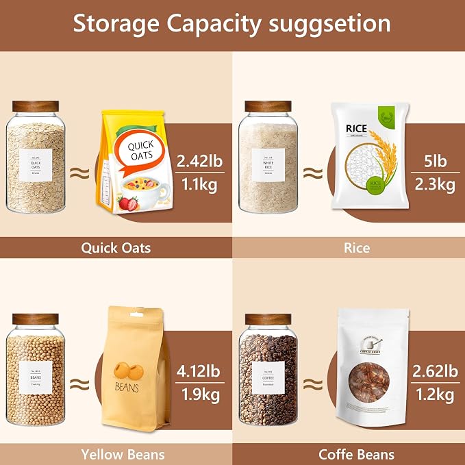 KEYWING 88oz Glass Jars w/Acacia Lids for Flour & Sugar Storage Containers | 3Pcs Large Airtight Food Storage Containers , Pantry Organizers for Rice, Pasta, Cereal, Cookies –88 fl.oz with 126 Labels - Image 5