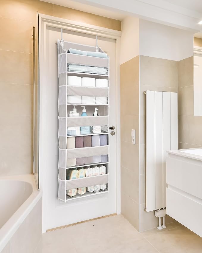 ULG 1-Pack Over Door Organizer with 5 Large Pockets 10 Mesh Side Pockets, 44 lbs Weight Capacity Hanging Storage Organizer with Clear Window for Bedroom Bathroom Kitchen, RV, Camper, Beige - Image 2