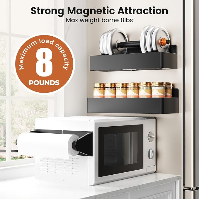 Mystozer Magnetic Spice Rack for Refrigerator,7 Pack Magnetic Shelf,Fridge Magnet Organizer with Paper Towel Holder,Utensils Racks,Hook Rack,Fridge Organizers and Storage Black(7 Pack) - Image 2