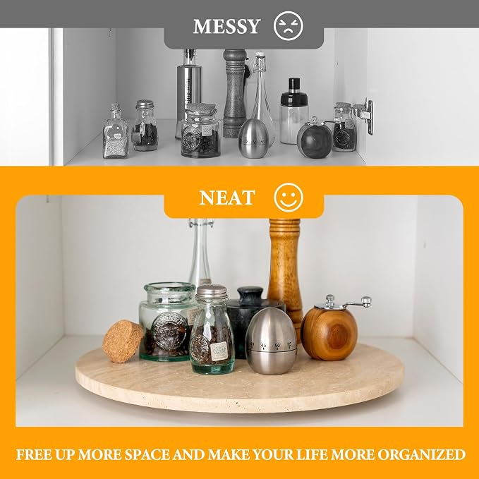 16'' Beige Marble Lazy Susan Travertine Turntable for Kitchen Dinning, Marble Lazy Susans Organizer for Cabinet, Serving Rotation Spinning Tabletop Organizer Swiveling, Spice Rack Storage - Image 6