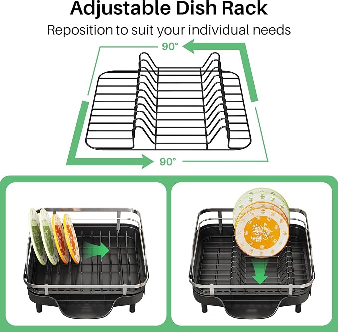 SAYZH Expandable Dish Drying Rack for Small Kitchen Counter, Black | Stainless Steel, Protective Guardrail, Angled Drainboard, Fits High-Rim Sinks, Removable Utensil Holder - Image 7