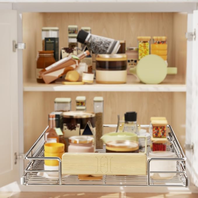 LOVMOR Pull Out Cabinet Organizer with Wooden Handle, 16½" W x 21½"Heavy Duty Cabinet Drawers Shelves Slide Out Organizer for Kitchen, Pantry - Image 2