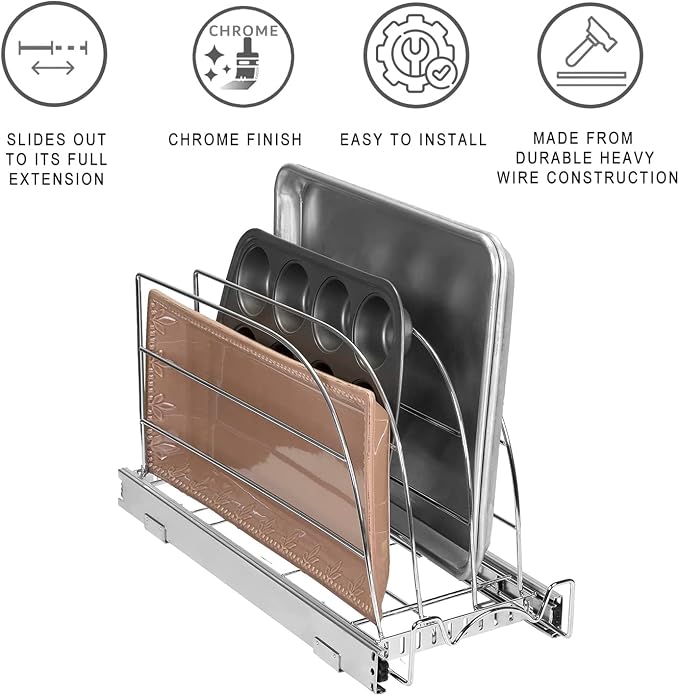 Pull Out Organizer for Bakeware, Cutting Board and Trays, 8.5"W x 21"D | Stores Cutting Board and Trays, Adjustable Dividers, Heavy Duty, Lifetime Limited Warranty - For Narrow Cabinet Spaces - Image 6