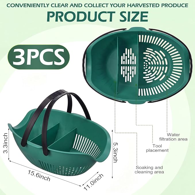 Nuogo 3 Pcs Garden Harvest Basket Removable Partitions with Tool Caddy for Collecting Carrying and Cleaning Harvesting Basket Doubles Colander for Vegetables and Fruits Garden Accessories(Dark Green) - Image 2