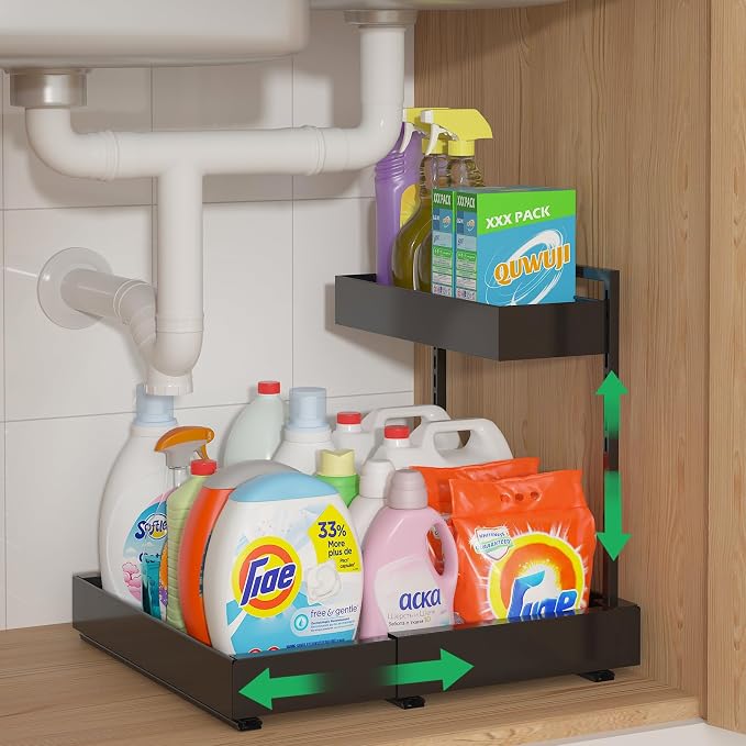 Under Sink Organizer, L-Shaped Pull Out Cabinet Rack for Kitchen | Expandable Width, 6-Level Height, Quiet Sliding Rails, Heavy-Duty Alloy Steel Frame, Pipe Clearance Design for Tight Cabinets by REALINN