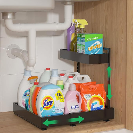 Under Sink Organizer, L-Shaped Pull Out Cabinet Rack for Kitchen | Expandable Width, 6-Level Height, Quiet Sliding Rails, Heavy-Duty Alloy Steel Frame, Pipe Clearance Design for Tight Cabinets by REALINN