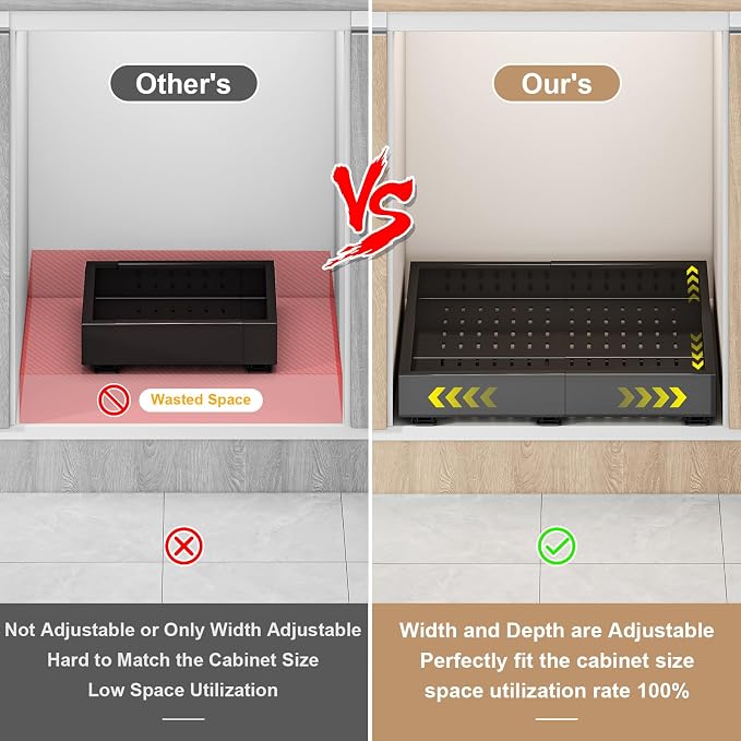 Fokyfok Pull out Cabinet Organizer,14"-21"W, 17"-24"D,Expandable,Adhesive | No Drill,3 Rails,Adjustable Slide out Drawers for Kitchen,Pantry,Roll out Shelves,for Cabinets Without Lip,Bathroom,Black,1PC - Image 3