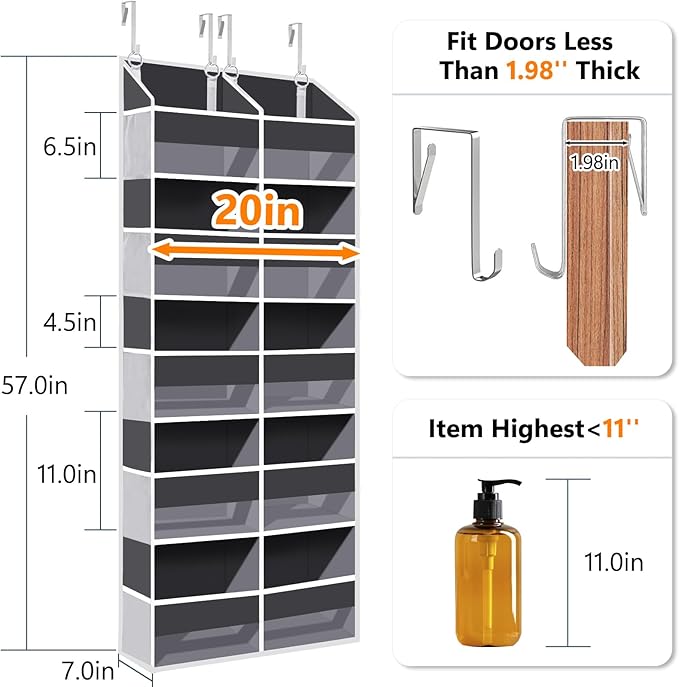 Heavy Duty Over The Door Organizer 5 Tiers, Extra Large Behind Door Storage of 10 Front & 10 Mesh Pockets, 80lb Weight Capacity, Hanging Doors Storage for Closet Bedroom Nursery, Dark Gray - Image 2