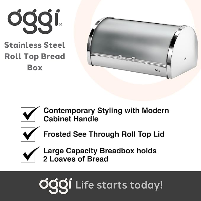Oggi Stainless Steel Roll Top Bread Box for Kitchen Countertop with Frosted Plexilass Lid - Fits Multiple Loaves of Bread and Other Freshly Baked Goods Including Cookies, Bagels, Muffins - Image 7