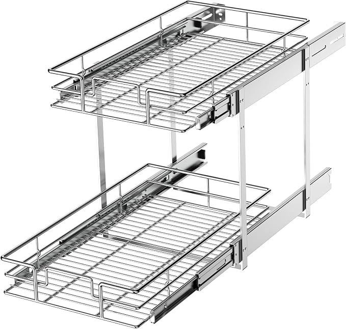 LOVMOR 2 Tier Individual Pull Out Cabinet Organizer 11" W x 18" D, Slide Out Kitchen Cabinet Storage Sliding Shelves by LOVMOR