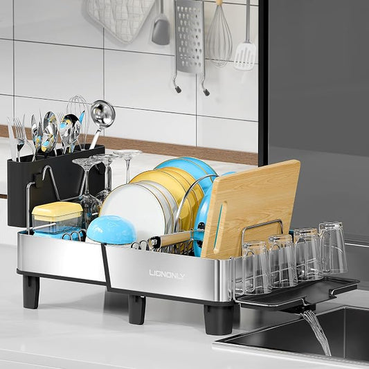 Dish Drying Rack, 304 Stainless Steel Exendable Dish Rack with Adjustable Drain Spout, Large Capacity Dish Drainer with Utensil Holder, Cup Holder and Cutting Board Rack for Kitchen Counter, Black by StartYourHomeStorageLife