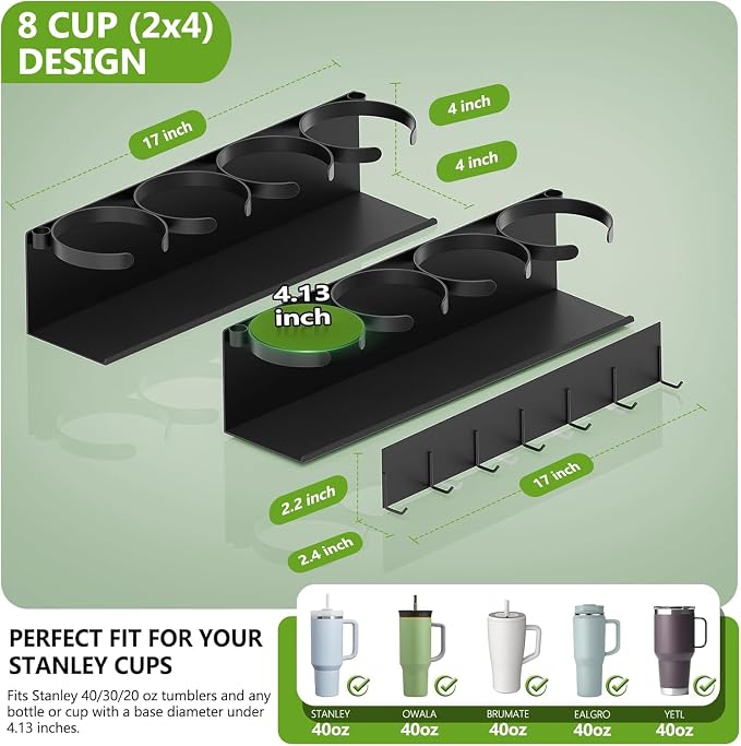 Max Capacity 8-Cup (2x4) Magnetic Stanley Cup Holder for Stanley & Yeti Tumblers (20/30/40oz) – Holds 4 Water Bottle Each, Tumbler Organizer with 7 Hooks for Kitchen Fridge & Metal Surfaces - Image 3