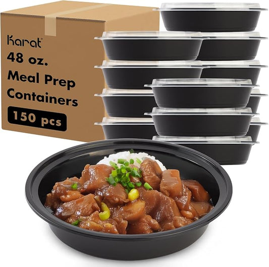 Karat Meal Prep Containers [48 oz - 150 ct] Reusable & Disposable Take Out Bowls with Lids - Microwave & Dishwasher Safe Bento Boxes by Karat