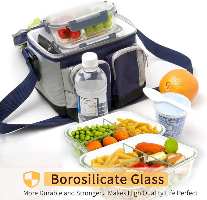Bayco 8 Pack Glass Meal Prep Containers 3 Compartment, Glass Food Storage Containers with Lids, Airtight Lunch Bento Boxes, Leak Proof (8 lids & 8 Container) - Grey - Image 5