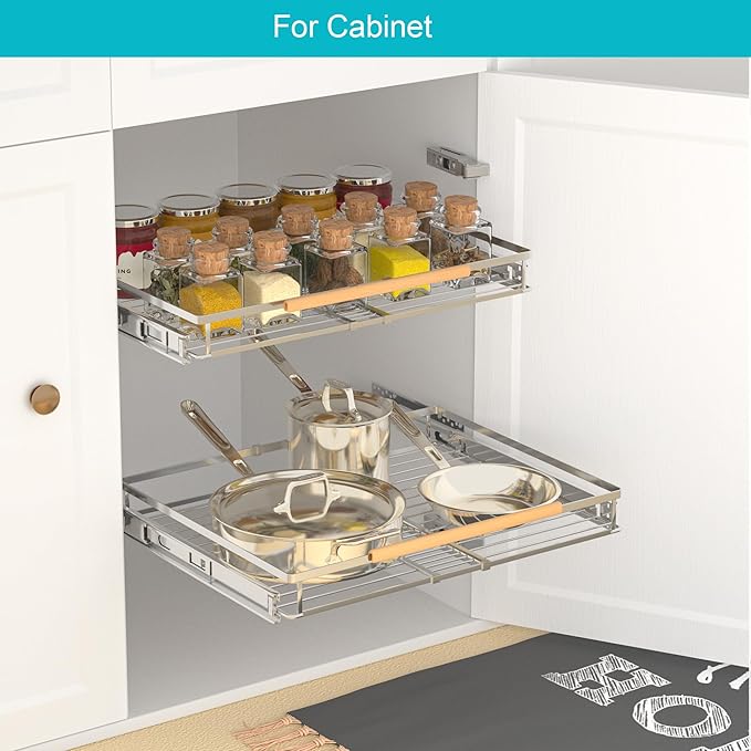 3 Pack Pull Out Cabinet Drawer Shelf Organizer, Extendable Sliding Slide Out Pantry Shelves Storage Heavy Duty for Kitchen Cabinets Under Sink, Adjustable Width 17.1~28" W x 22.5" D - Image 3