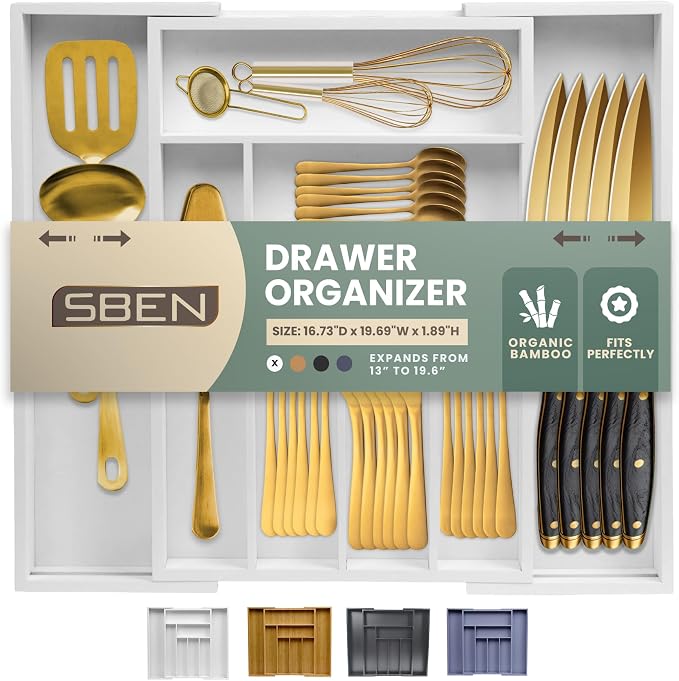 Sben Expandable Drawer Organizer for Utensils Holder, Adjustable Cutlery Tray, 6-8 Slots, Premium Wood Drawer Dividers Organizer for Silverware, Flatware, Knives for Kitchen (White) by SBEN