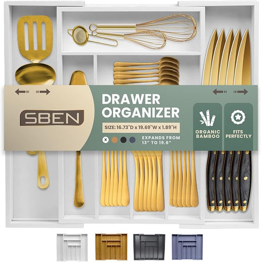Sben Expandable Drawer Organizer for Utensils Holder, Adjustable Cutlery Tray, 6-8 Slots, Premium Wood Drawer Dividers Organizer for Silverware, Flatware, Knives for Kitchen (White) by SBEN