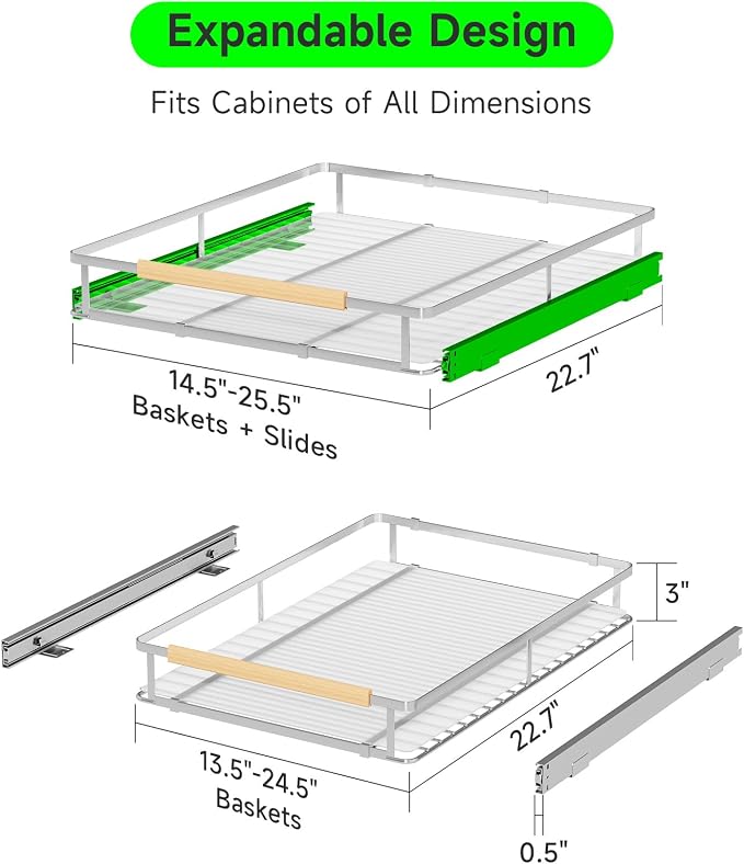 Expandable Pull-Out Cabinet Drawers, Slide-Out Shelves, Large 1 Pack | Smooth Slide-Out Access, Adjustable Fit, Pull-Out Organization, Small Cabinet Use, Space-Saving, (14.5"-25.5") W x 22.7" D - Image 2