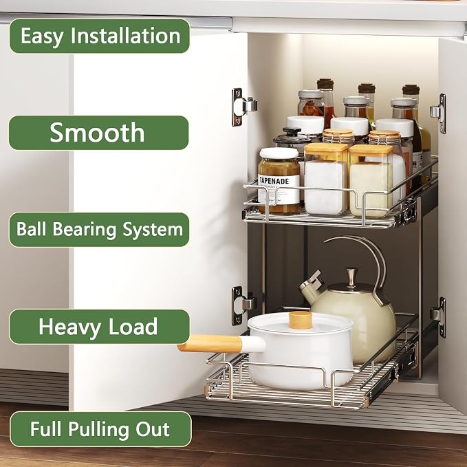 2 Tier Individual Pull Out Cabinet Organizer 12½" W x 21½" D, Heavy Duty Cabinet Pull Out Shelves, Slide Out Drawers Organization for Kitchen Cabinets Bathroom - Image 2