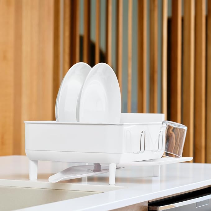 simplehuman Steel Frame Dishrack, Compact Dish Drying Rack for Small Kitchens, 360º Easy Drain Swivel Spout, Anti-Residue Coating, Moisture Control Surface, White - Image 6