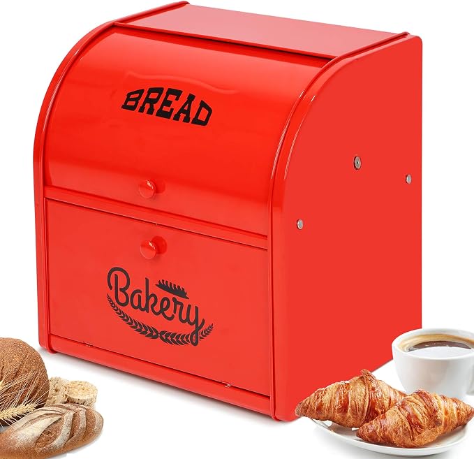 Widousy 2 Layer Metal Bread Boxes, Bread Box Storage Bin Kitchen Container with Roll Top Lid Iron Countertop Containers Metal Food Storage Bread Keeper Large Capacity Home Kitchen Counter（Red） - Image 2