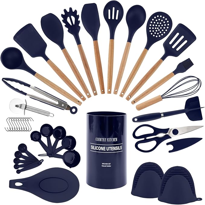 Country Kitchen Non Stick Silicone Utensil Set with Rounded Wood Handles for Cooking and Baking, 38 Piece Set, Navy by CountryKitchen
