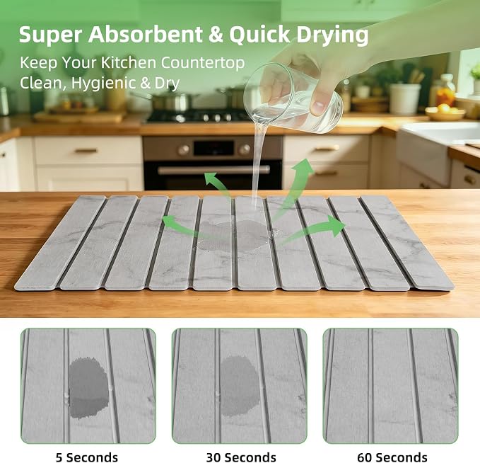 Large Stone Dish Drying Mat for Kitchen Counter, 24"×16" Foldable Quick Drying Mat, Absorbent Diatomaceous Earth Drying Mat for Bottles Cups Dishes, Match Any Countertop (Gray Marble, 24" x 16") - Image 2