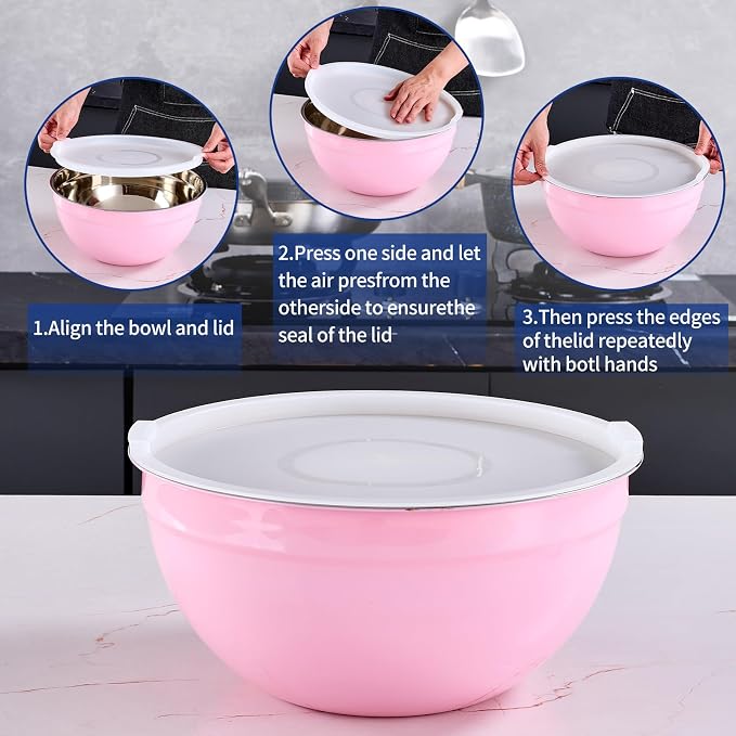 Pink Mixing Bowls With Airtight Lids,Stainless Steel Bowl,Salad Bowls 7 Piece Colorful Nesting Bowl Pink Kitchen Accessories,Size 7,3.6,2.7,2.1,1.5,1.1,0.8QT Stackable Design - Image 3