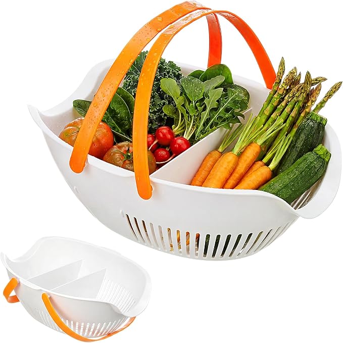 Nuogo 2 Pcs Garden Harvest Basket Removable Partitions with Tool Caddy for Collecting Carrying and Cleaning Harvesting Basket Doubles Colander for Vegetables and Fruits Garden Accessories (White) by Nuogo