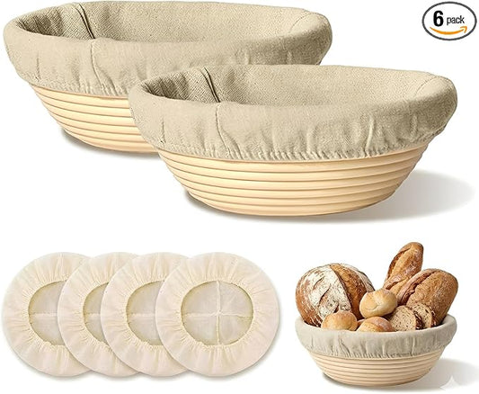 Banneton Bread Proofing Basket Set of 2, 9 inch Round | 4 Linen Liners, Rattan Banneton, for Sourdough Bread Baking, for Professionals and Home Bakers by BASILKIT