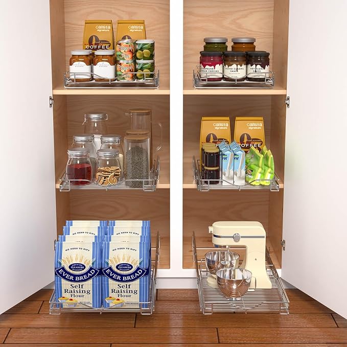 DINDON Pull Out Cabinet Organizer (14" W x 21" D), Pull Out Drawers for Kitchen Cabinets, Cabinet Pull Out Organizer 1 Tier Heavy-Duty Slide Out Shelf Wire Basket for Base Cabinet, Chrome - Image 4
