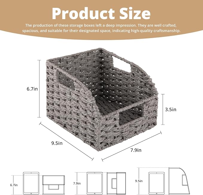 OIAHOMY Pantry Baskets for Organizing, Paper Rope Baskets with Built-in Handles, Wicker Storage Bins for Shelves, 2 Pack-Grey - Image 3