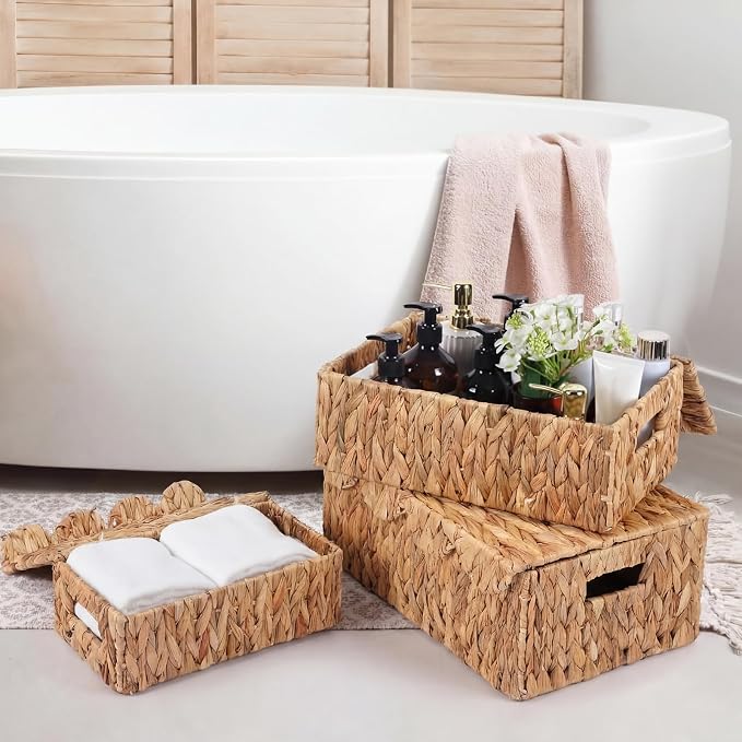 3 Pcs Large Wicker Storage Baskets with Lids 16" 14" 12" Scalloped Wicker Edge Basket Rattan Storage Rectangle Box Large Water Hyacinth Bins with Built in Handles for Living Room, Nursery - Image 7