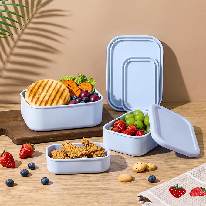 2 Sets of 6 Silicone Food Storage Containers, Reusable Lunch Bento Box with Lid, Hard Shell Storage Containers, Microwave Dishwasher Freezer Safe, 10 oz, 23.6 oz, 44 Ounce(Purple Blue) - Image 4