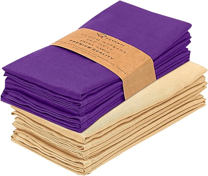 Ruvanti Cloth Napkins Set of 12, 18x18 Napkins Cloth Washable, Soft, Durable, Absorbent, Cotton Blend. Table Dinner Napkins Cloth for Hotel, Lunch, Restaurant, Wedding Parties - Purple & Ivory Gold by Ruvanti