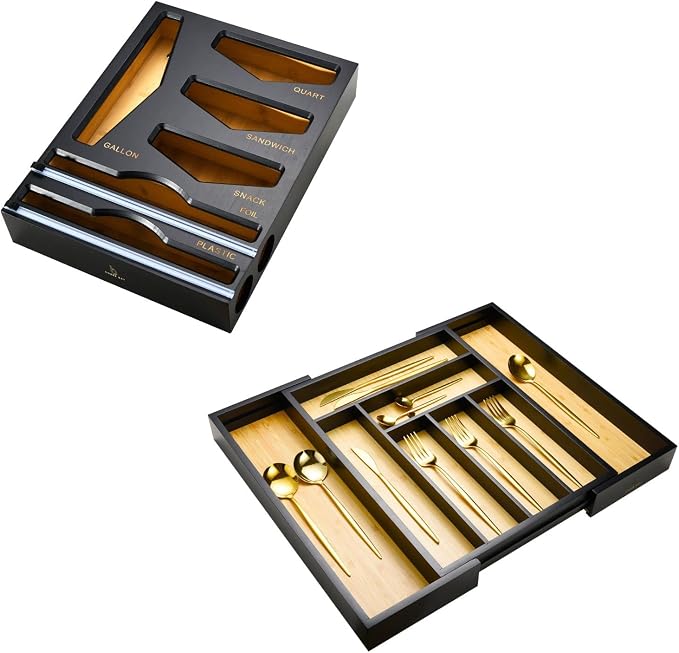 Bamboo Bag Organizer, Wrap dispenser, and Drawer Organizer Bundle for Kitchen Drawer (Black) by CozeeBay