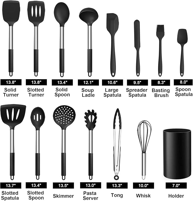 LIANYU 15-Piece Kitchen Cooking Utensils Set with Holder | Silicone Kitchen Tools Stainless Steel Handle, Slotted Spatula Spoon Turner Tong Whisk Brush for Cooking, Black - Image 2