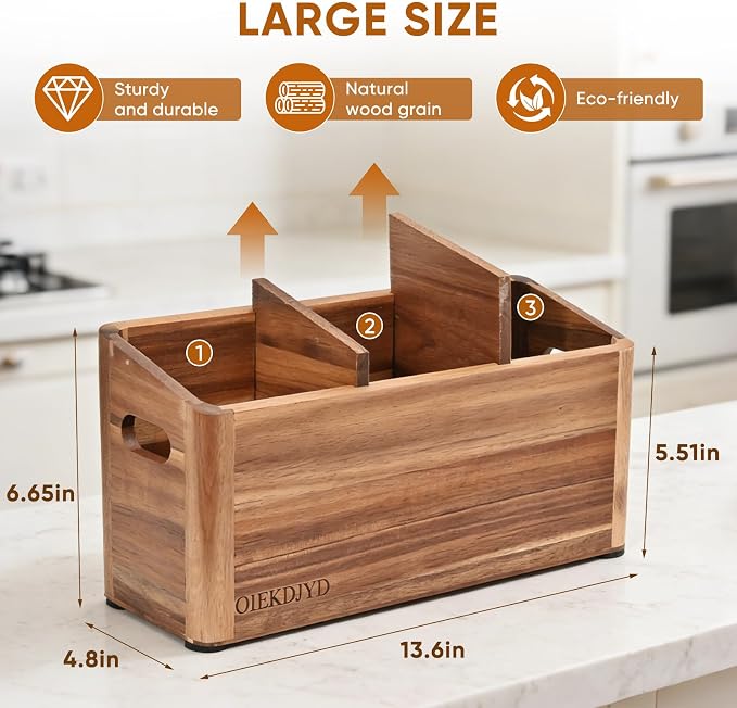 Wooden Cooking Utensil Holder & Crock for Kitchen Countertop | Fast-Absorbing Diatomaceous Mat, Removable Separator, Non-Slip Base & Side Handles, Large 3-Compartment Crock - Image 2
