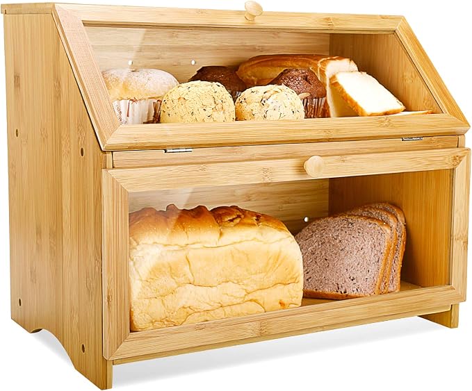 HOMEKOKO Double Layer Bread Box for Kitchen Countertop, Natural Bamboo | Keeps Bread Fresh 3-4 Days, Large Capacity Fits 2+ Loaves, Suitable For Home Kitchen Food Storage Use, See-Through Window by HOMEKOKO